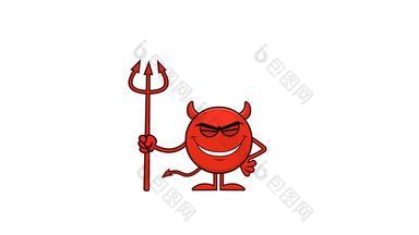 红色的魔鬼卡通表情符号字符持有干草叉